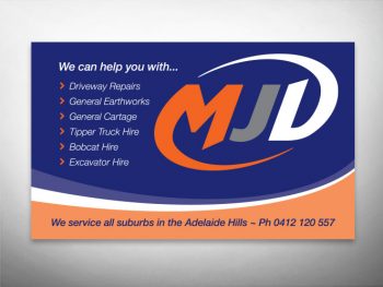 MJD Bobcat and Tipper Hire business card